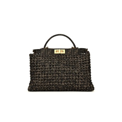 FENDI FABRIC JACQUARD FF 1974 WOVEN KNOTTED MEDIUM PEEKABOO ICONIC SATCHEL TOBACCO MORO (34*25*13cm) 